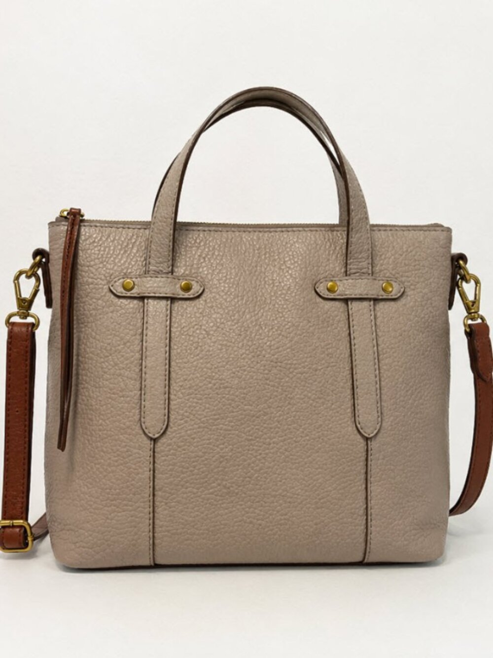 Fossil Felicity Tan Pebbled Leather Satchel Cross body Bag with Brown Strap
